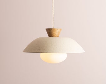 Speckled Cream Matt Dawn Pendant Light in Ceramic and Oak