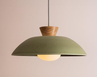 Groene XL Dawn-hanglamp van keramiek en eikenhout