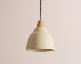 Small Speckled Cream Matt Element Pendant Light in Ceramic and Oak