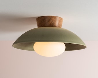 Green Dawn Flush Mount Ceiling Light in Ceramic and Oak
