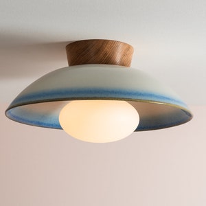 Blue and White Dawn Flush Mount Ceiling Light in Ceramic and Oak image 1