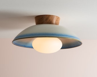 Blue and White Dawn Flush Mount Ceiling Light in Ceramic and Oak