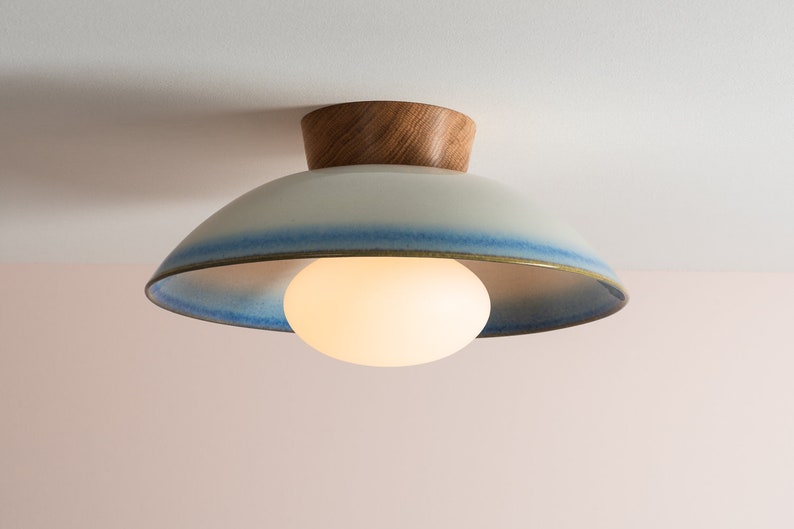 Blue and White Dawn Flush Mount Ceiling Light in Ceramic and Oak image 1