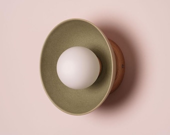 Green Small Dawn Wall Light in Ceramic and Oak
