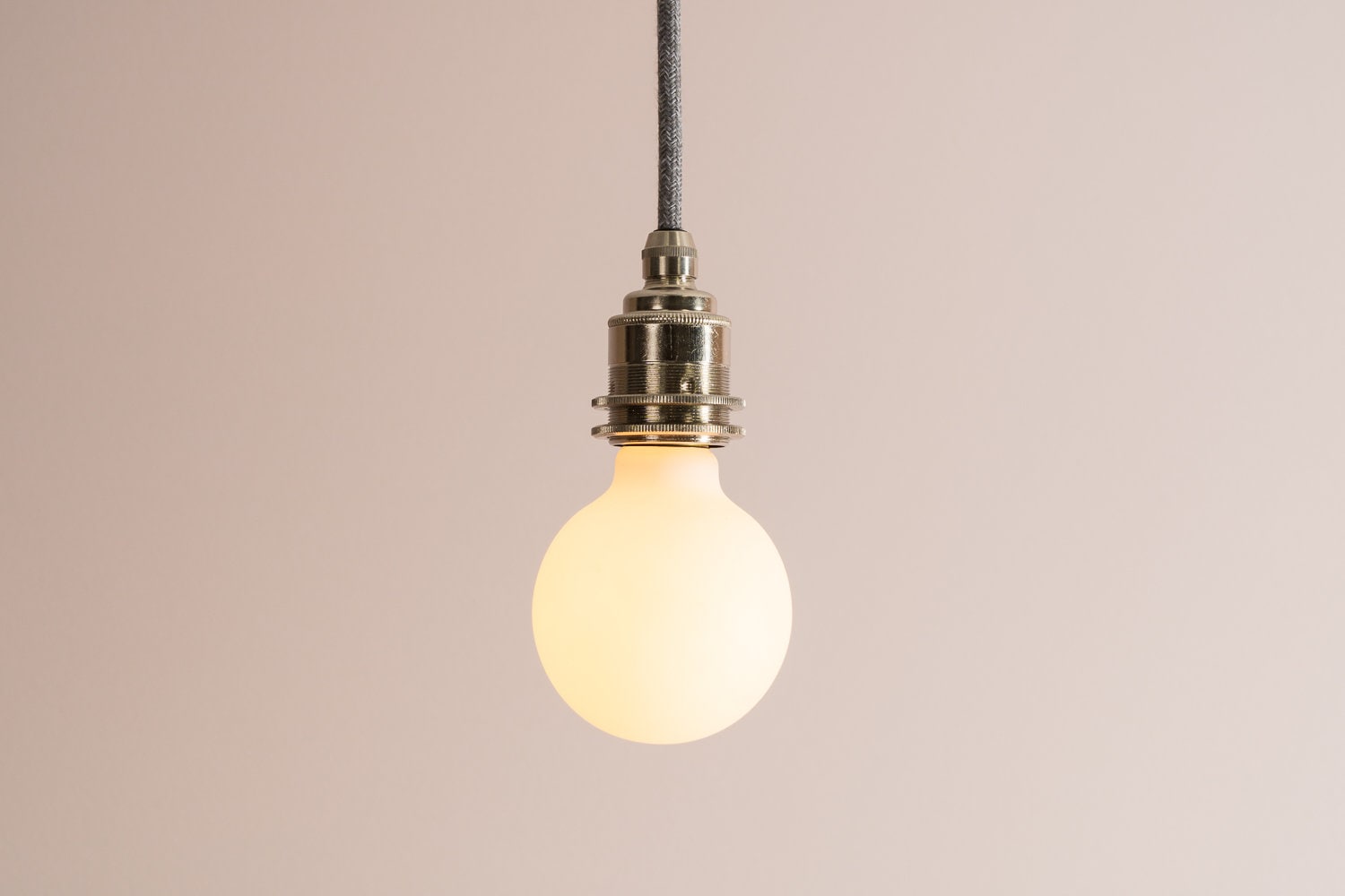 Nickel Pendant Light Fixture with Linen Cable and Oak Ceiling Rose