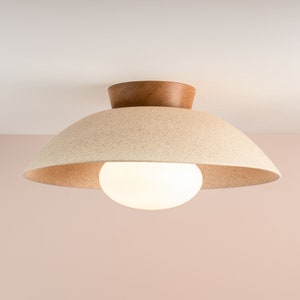 Speckled Cream Matt XL Dawn Flush Mount Ceiling Light in Ceramic and Oak