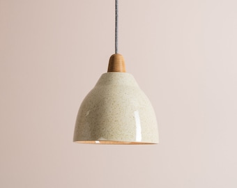 Speckled Cream Gloss Element Pendant Light in Ceramic and Oak