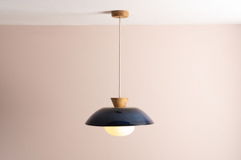 Blue Dawn Pendant Light in Ceramic and Oak image 2