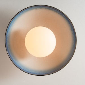 Blue and White Dawn Flush Mount Ceiling Light in Ceramic and Oak image 4
