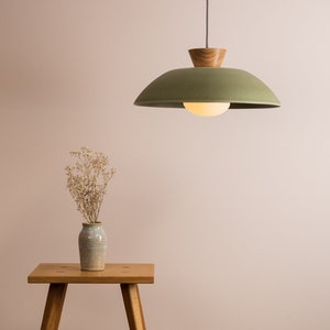 Green XL Dawn Pendant Light in Ceramic and Oak