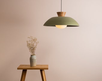Green XL Dawn Pendant Light in Ceramic and Oak