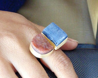 Artisan Made Ring, Natural Ruby Ring, Bezel Set Ring, July Birthstone Ring, Blue Kyanite Ring, Two Stone Ring, Adjustable Ring