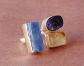 22K Gold Plated Ring, Semi Precious Stone Ring, 3 Birthstone Ring, Amethyst Ring, Natural Citrine Ring, Chunky Fashion Ring, Statement Ring