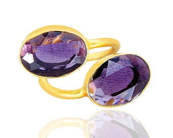 Amethyst Bypass Ring: 18K Gold Plated Adjustable Bezel Ring