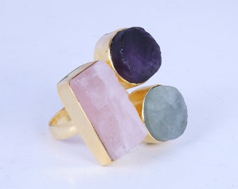 Purple Amethyst Ring, Handmade Ring, Raw Stone Ring, Aquamarine Ring, 3 Stone Ring, Cocktail Ring, Adjustable Ring, Christmas Gifts for Her
