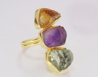 Natural Amethyst Ring, 18K Gold Plated Ring, Raw Citrine Ring, Handcrafted Ring, Green Amethyst Ring, Three Stone Ring, Statement Ring