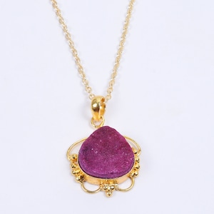 Pink Druzy Pendant, Statement Pendant, Pear Shaped Necklace, Bezel Set Pendant, Fashion Pendant, Druzy Quartz Pendant, Gift For Women