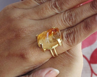 Handmade Rough Citrine Ring: 18k Gold Plated Brass, November Birthstone