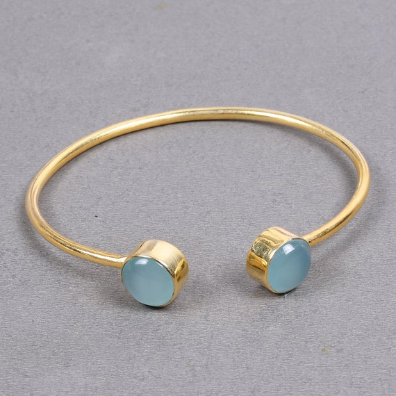 Handmade Blue Chalcedony Bangle, 18K Gold Plated Brass, Adjustable