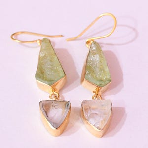 18K Gold Plated Green Fluorite Dangle Earrings: Raw Crystal Brass Stone