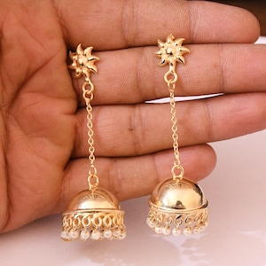 18K Gold Plated White Pearl Traditional Jhumka Earrings, Indian Festival Earrings, Bridal Earrings