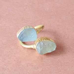 Raw Aquamarine Bypass Ring: 18k Gold Plated Brass, Adjustable Gemstone Jewelry