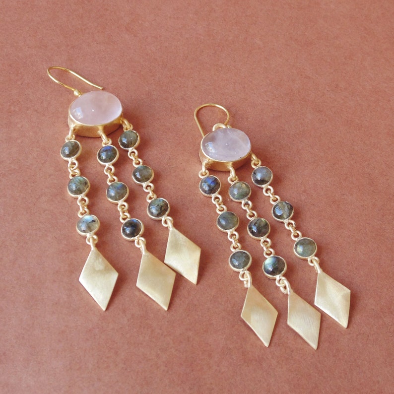 Best Wholesale Jewelry Suppliers, Rose Quartz Earrings, 18K Gold Plated Earrings, Labradorite Earrings, Chandelier Earrings Manufacture zdjęcie 3