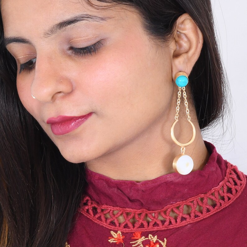 Mother Of Pearl Earrings Brass Earrings Fashion Earrings Dangle Earrings For Her Handmade Earrings Modern Earrings Turquoise Earrings