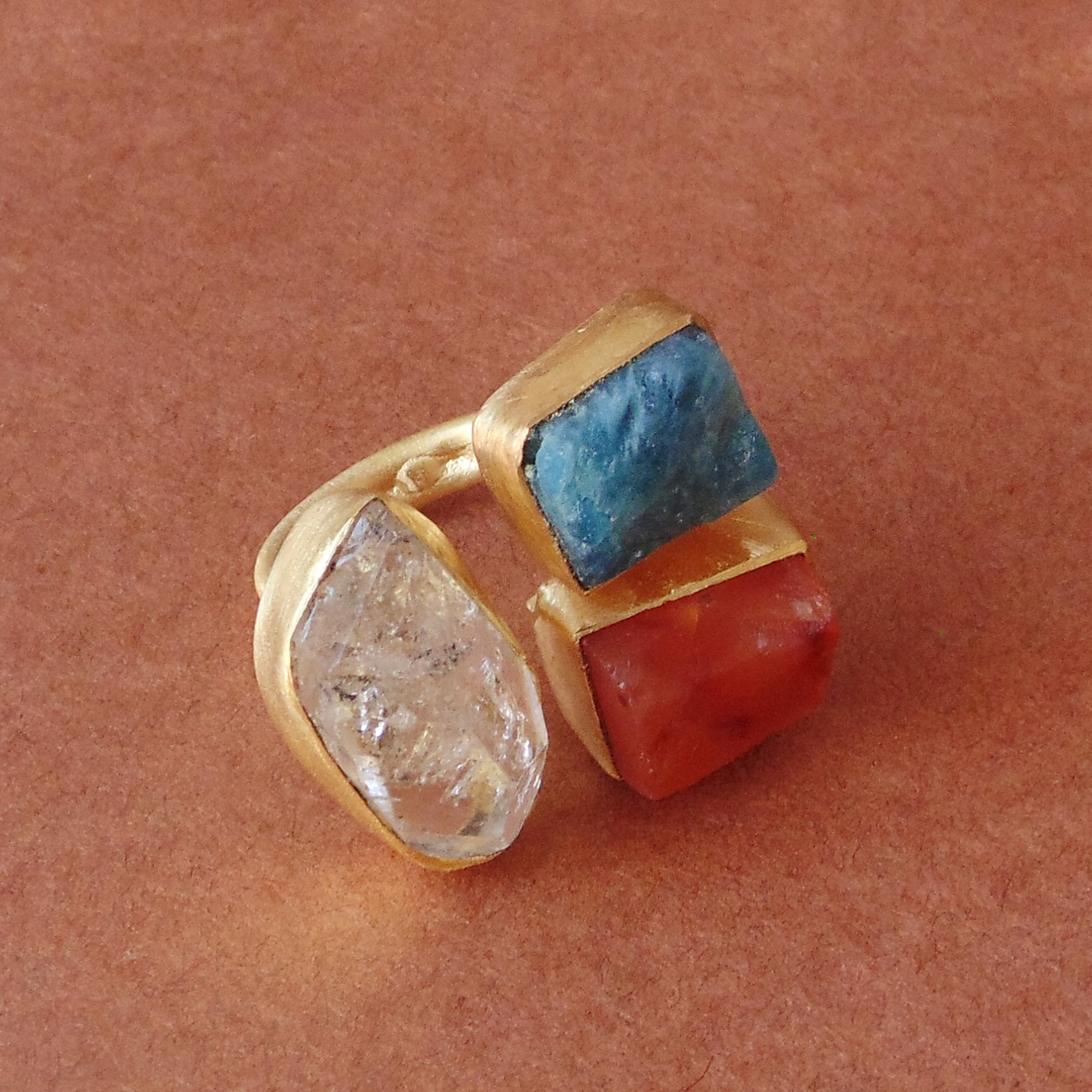 Rough Aquamarine Herkimer Diamond Yellow Gold Plated Adjustable Gemstone Ring