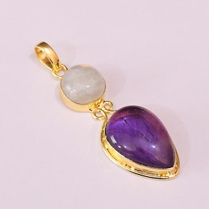 Rainbow Moonstone & Amethyst Gold Plated Pendant - Statement Birthstone Jewelry