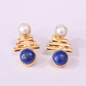 22k Gold Plated Jewellery, Lapis Lazuli Earrings, Designer Earrings, September Birthstone Earrings, Pearl Earrings, Post Earrings image 1