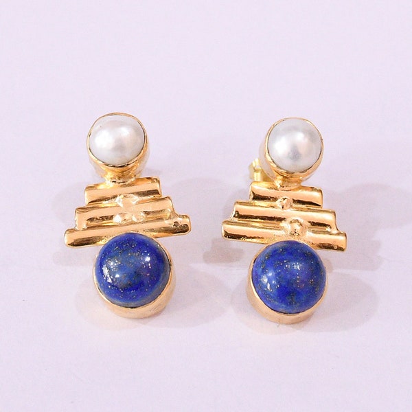 Bijoux plaqués or 22 carats, boucles d'oreilles en lapis lazuli, boucles d'oreilles de créateur, boucles d'oreilles avec pierre de naissance de septembre, boucles d'oreilles en perles, boucles d'oreilles sur tige