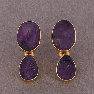 Natural Purple Amethyst Earrings, Yellow Gold Plated Brass Gemstone Earrings, Fashionable Statement Jewelry, Unique Birthday Gift Jewelry
