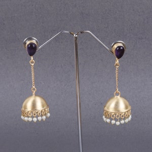 18K Gold Plated Jhumka Earrings: Amethyst & Pearl Indian Jewelry