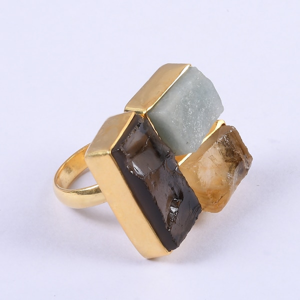 Wholesale Jewellery, Multi Stone Jewellery, Rough Smoky Quartz, Aquamarine And Yellow Citrine Birthstone Ring, Bulk Gemstone Jewelry