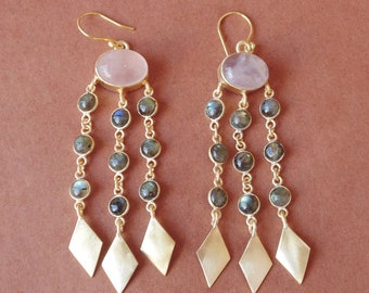 Best Wholesale Jewelry Suppliers, Rose Quartz Earrings, 18K Gold Plated Earrings, Labradorite Earrings, Chandelier Earrings Manufacture