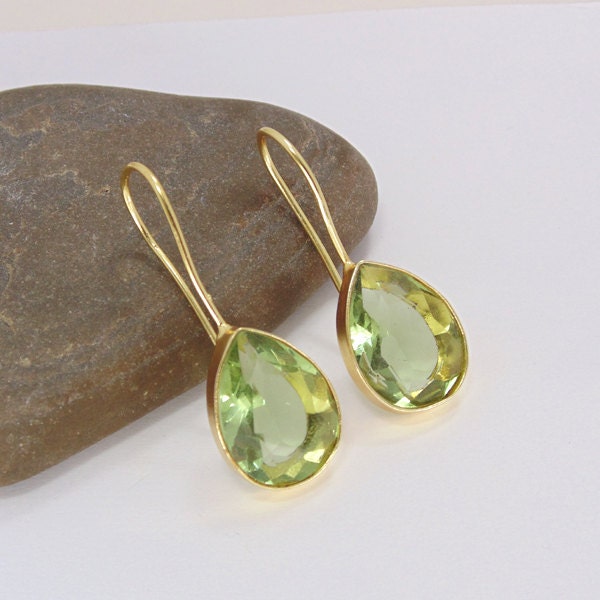 Green Amethyst Earrings, Bezel Set Earrings, Gold Plated Earrings, Dainty Earrings, Teardrop Earrings, Wedding Earrings, Gift For Bride