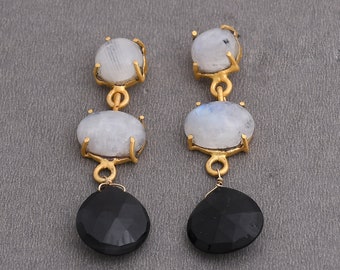 Artisan Made Earrings, Rainbow Moonstone Earrings, Black Onyx Earrings, Party Wear Earrings, Natural Gemstone Jewelry Manufacturer