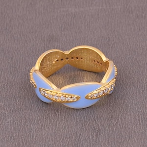 Elegant 24K Gold Vermeil White Cubic Zirconia And Blue Sky Blue Enamel Ring For Women