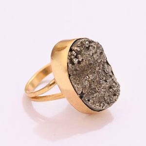 Golden Pyrite Ring: Oval Gemstone, 18K Gold Plated Brass