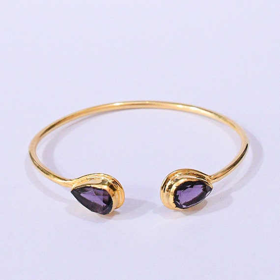 Pear Amethyst Bangle: 18k Gold Plated Adjustable Bracelet - Etsy 