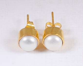 Fashion Custom Made Jewelry, Handmade Round Pearl Studs Earrings, Birthstone Jewelry Manufacturer