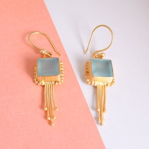 Fashion Earrings, Aqua Chalcedony Earrings, Handcrafted Earrings, 18K Matte Gold Plated Earrings, Bezel Set Earrings, Dangle Drop Earrings