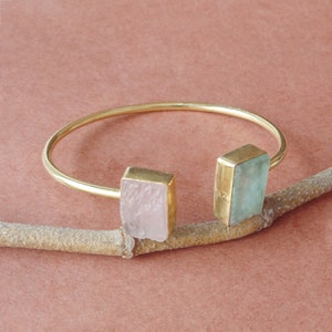 Raw Rose Quartz & Fluorite Bangle: 18k Gold Plated Gemstone Jewelry