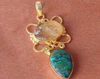 Handmade Azurite Malachite & Raw Citrine Pendant: 18k Gold Plated Necklace
