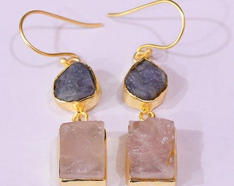 Blue Tanzanite & Rose Quartz Earrings: 18k Gold Plated Dangle Jewelry