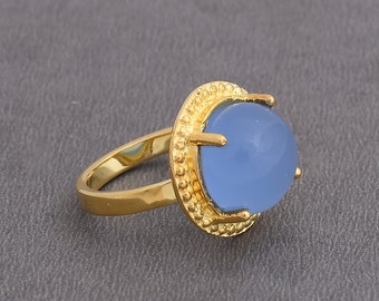 18K Gold Vermeil Ring, Blue Chalcedony Ring, Round Cabochon Ring, Semi-Precious Stone Ring, Prong Set Ring, Wedding Ring, Gift For Her