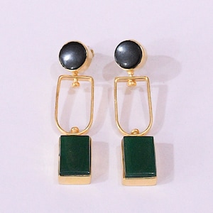 Artisan-Made Earrings, Black Onyx Earrings, Fashion Earrings, Green onyx Earrings, Dangle Earrings, Gold Plated Brass Jewellery