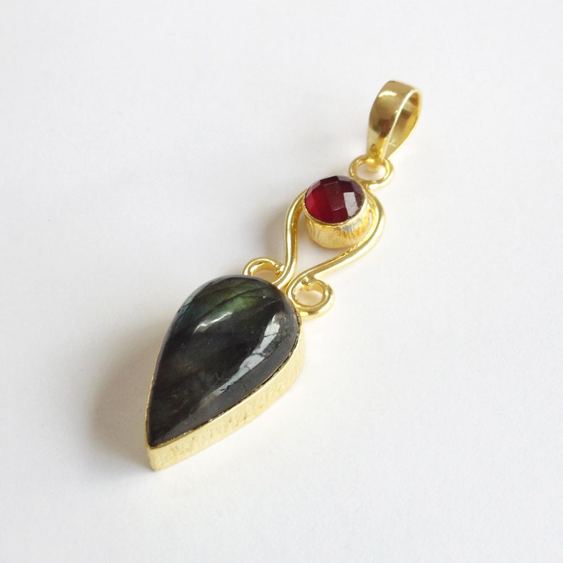 Garnet Pendant Two Stone Pendant Statement Pendant Designer Pendant Gold Plated Pendant Natural Labradorite Pendant Gift Ideas For Her
