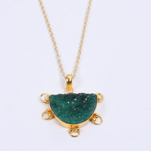 Green Druzy Quartz Pendant: Gold Plated D Shape Gemstone Jewelry